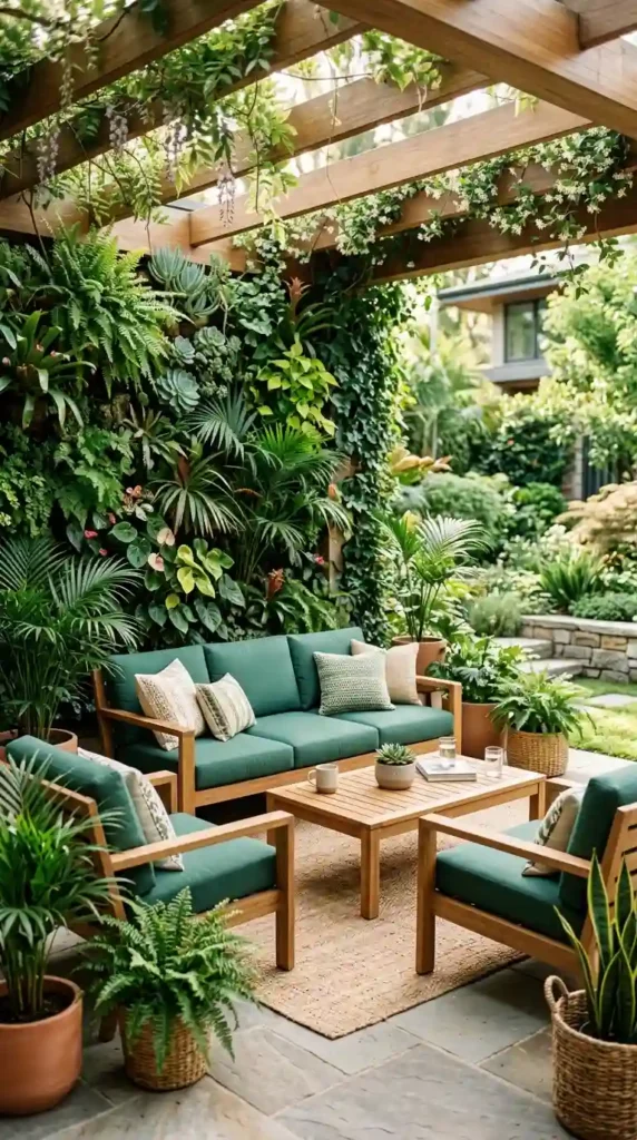 Seating area with jade green cushions, wood pieces, and abundance of greens