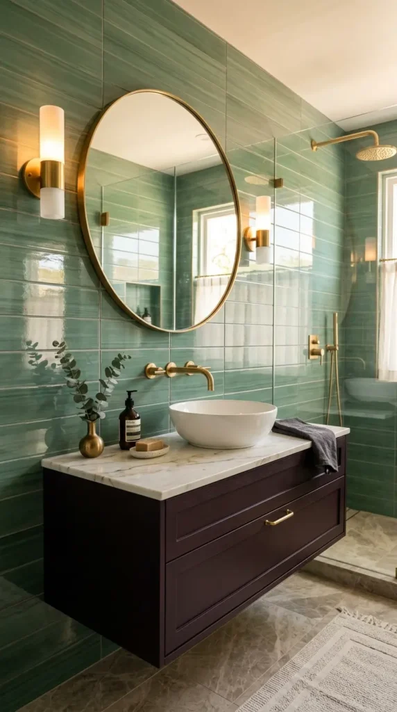 Bathroom featuring jade green tiles, plum vanity, marble countertop, and brass hardware