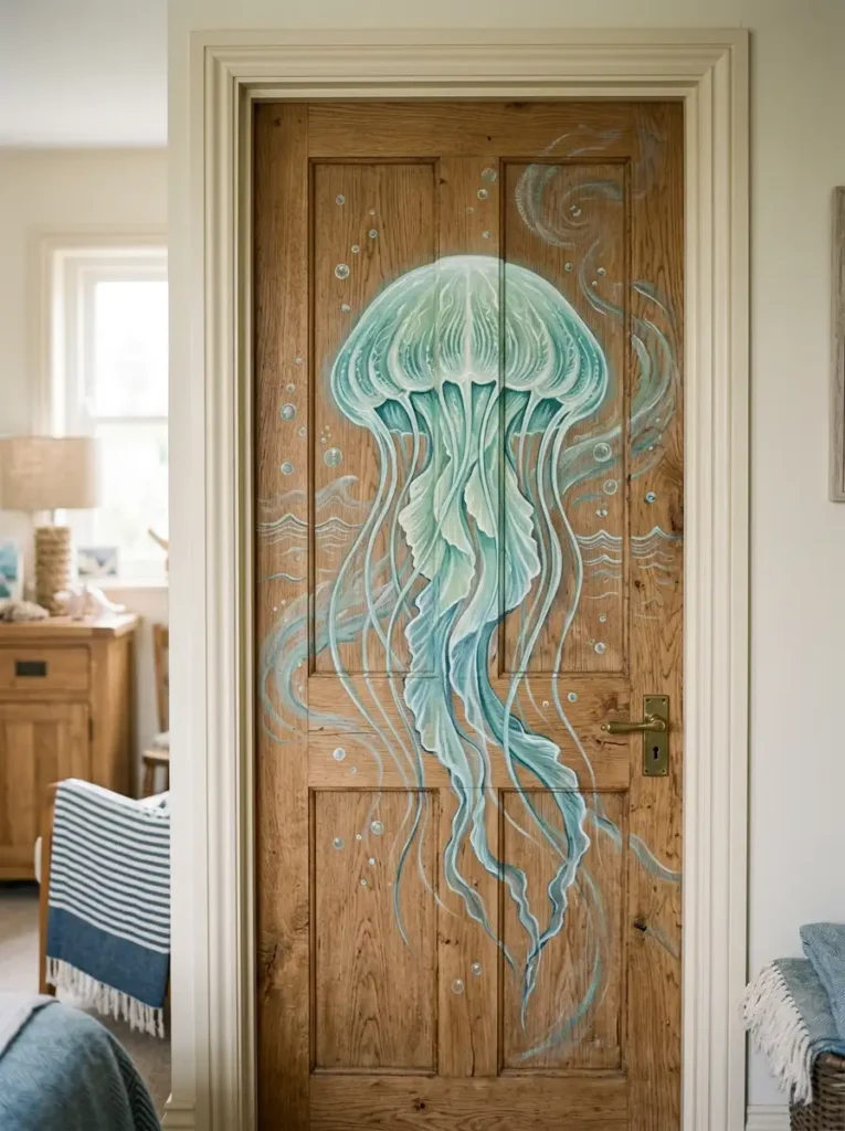 Jellyfish nautical door painting ideas with teal ocean illustration on wooden interior door