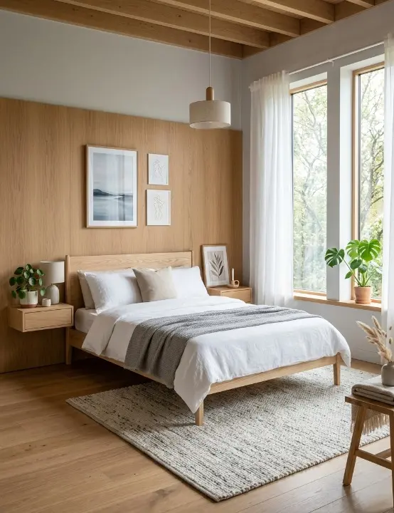 Scandinavian bedroom with light wood paneling, minimal furniture, and calming neutral decor