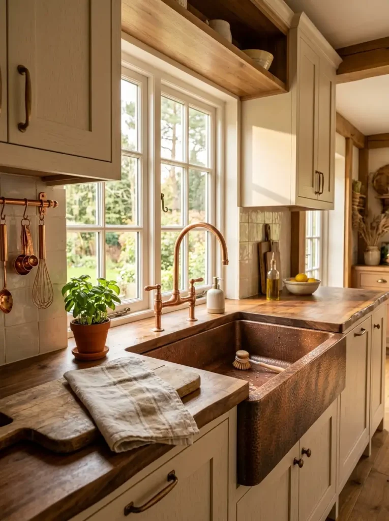 Copper Kitchen Sink Ideas with warm rustic wooden design