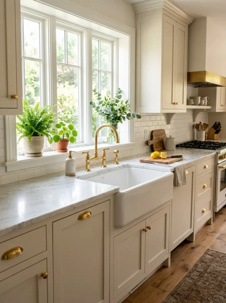 Farmhouse Kitchen Sink Ideas with brass fixtures and plants