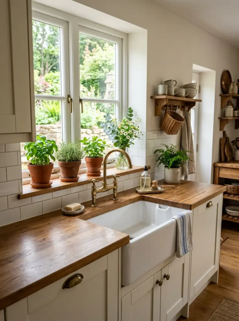 Farmhouse Kitchen Sink Ideas with brass faucet and plants