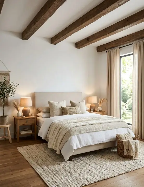 neutral textured bedroom with upholstered bed, layered textures, and warm lighting
