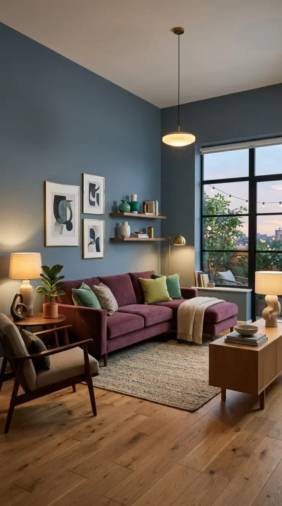 Cool blue walls, plum-colored sofa, jade green and wasabi accent colors, as well as wooden furniture