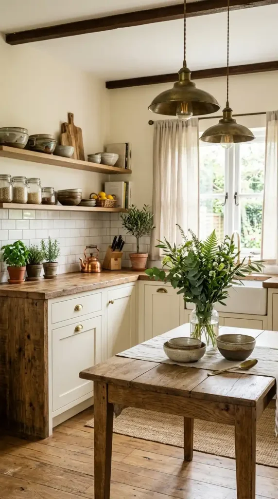 Modern farmhouse kitchen with creamy cabinets, wooden countertops, and rustic table
