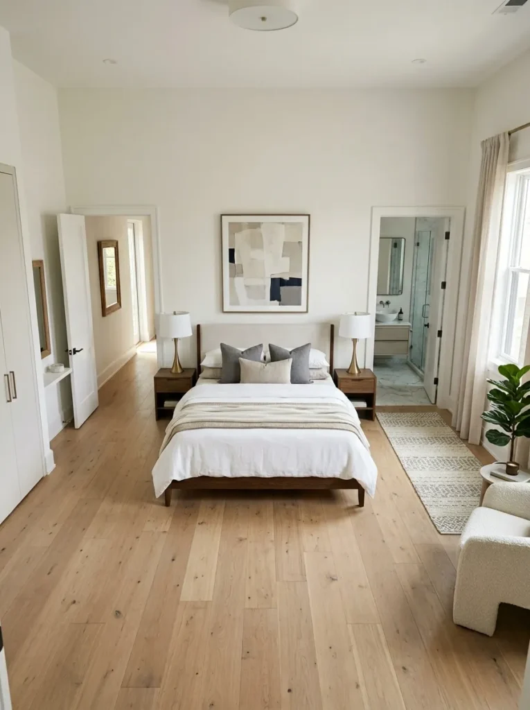 Balanced bedroom layout planner for dual-doorway rooms.