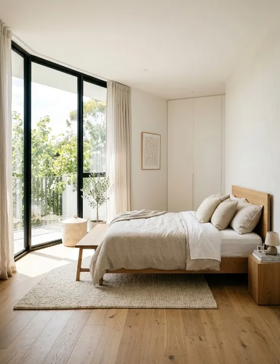 minimalist bedroom with natural light, clean lines, and minimalist style
