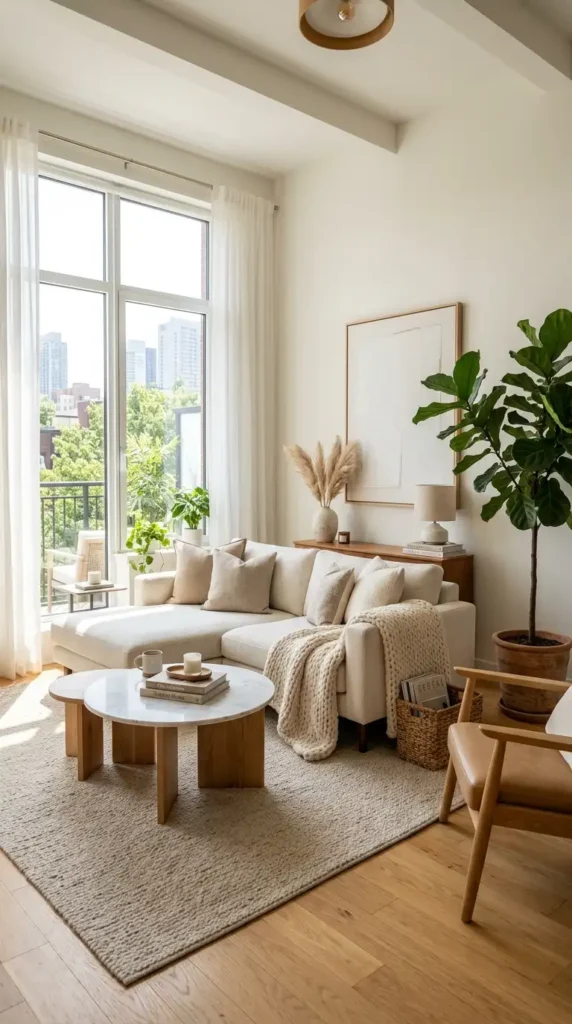 A chic living room in neutral colors, with marble tables and lots of windows