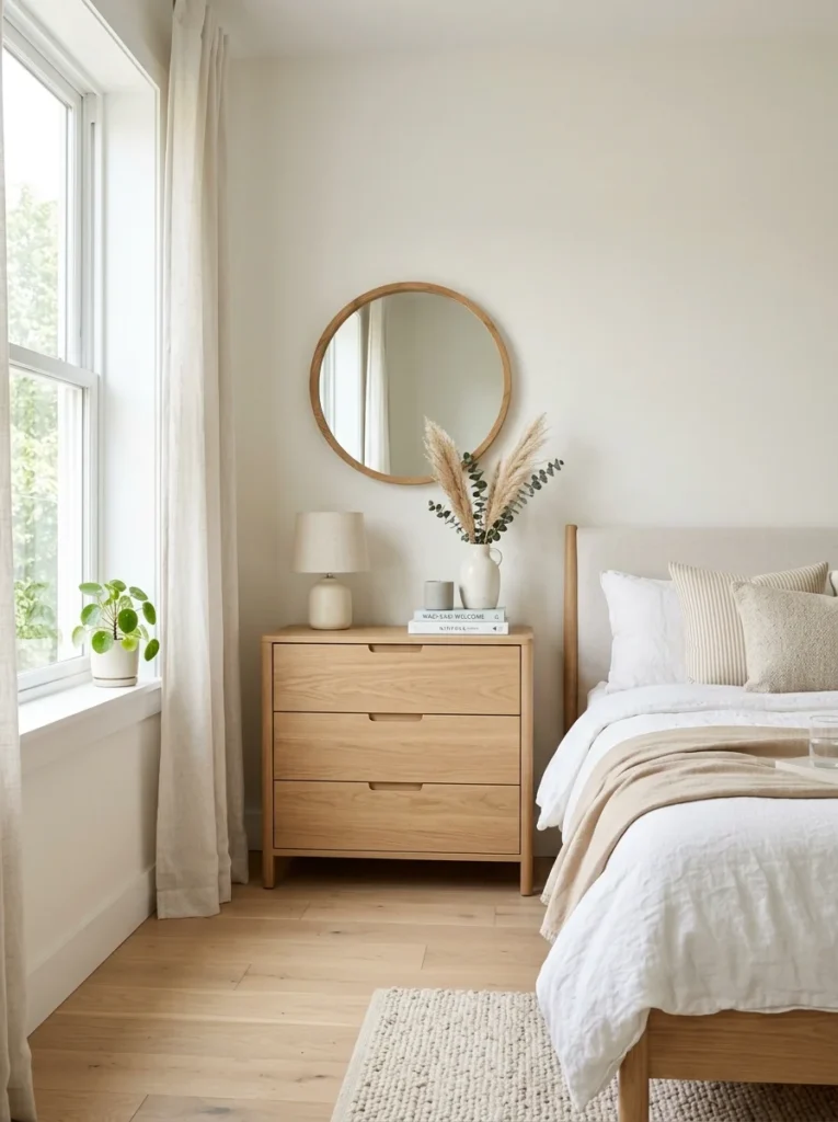 Light tone bedroom dresser in bright airy small modern bedroom interior