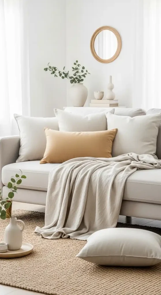 linen spring decor with neutral pillows and cozy modern living room styling