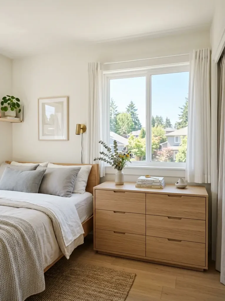 Small bedroom dresser placed under window in minimalist modern bedroom design