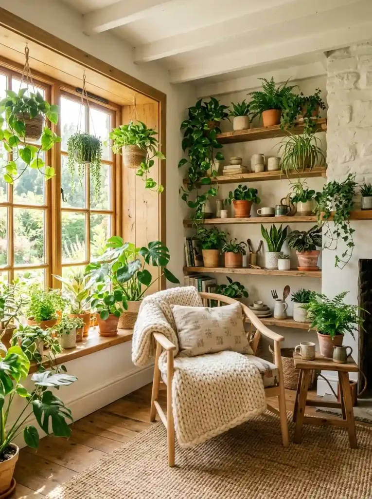 Earthy Cottage Living Room filled with plants, natural light, and warm textures