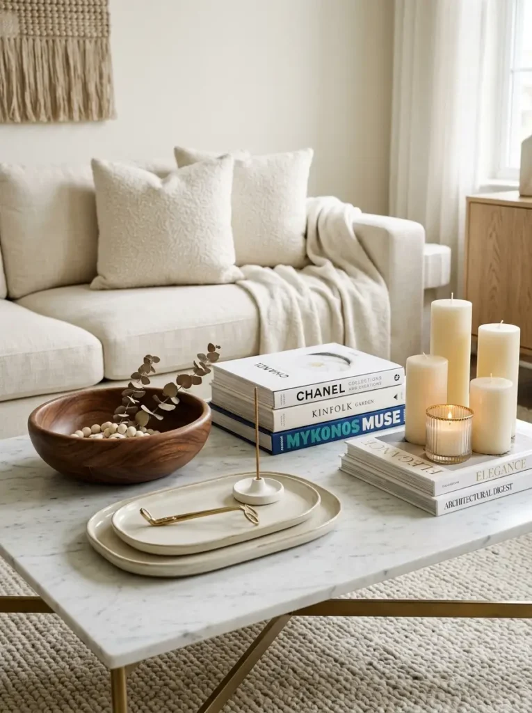 Luxury coffee table with marble, candles, books, and wooden bowl decor
