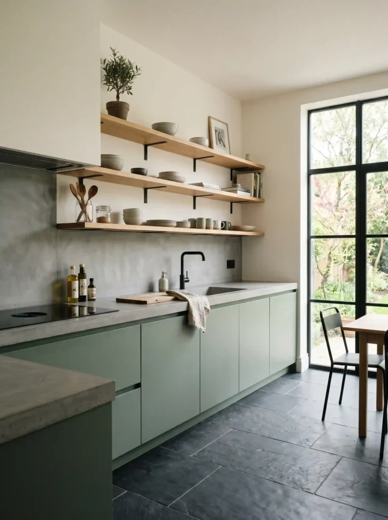 Matte green kitchen with concrete surfaces – Green Kitchen Ideas