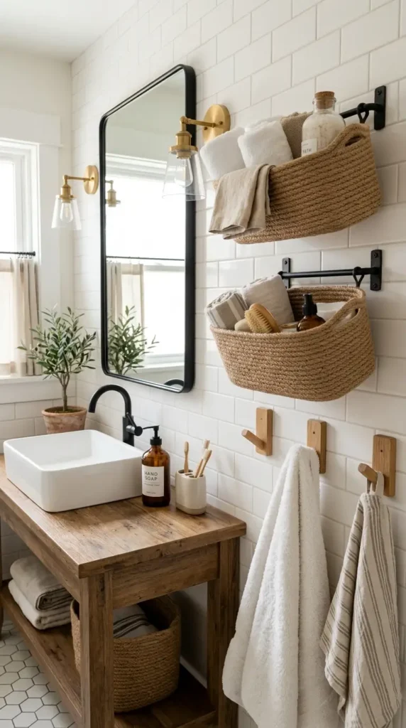 Bathroom with wall-mounted rope baskets, subway tiles, and rustic decor