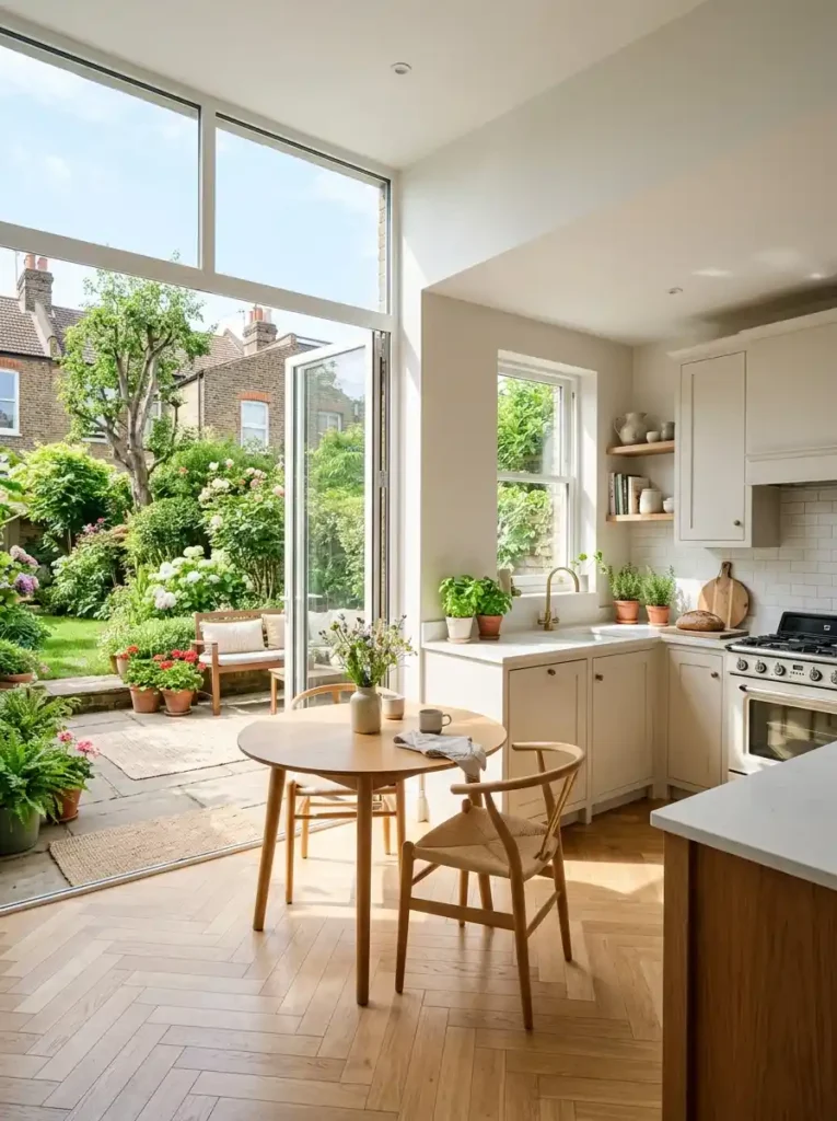 Terraced House Kitchen Ideas with natural light and glass doors