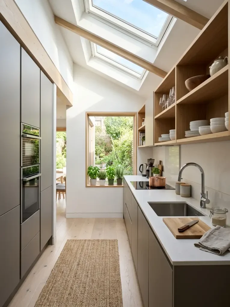 Terraced House Kitchen Ideas with skylights and modern galley kitchen design