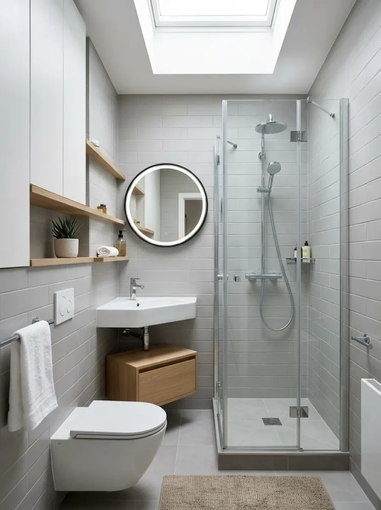 Compact bathroom with corner shower, neutral tiles, and wall-mounted storage