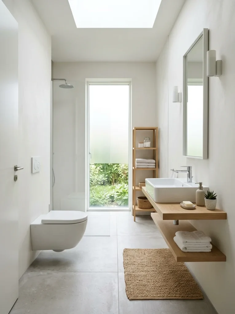 Minimalist bathroom with wall-mounted fixtures, neutral tones, and bright natural light