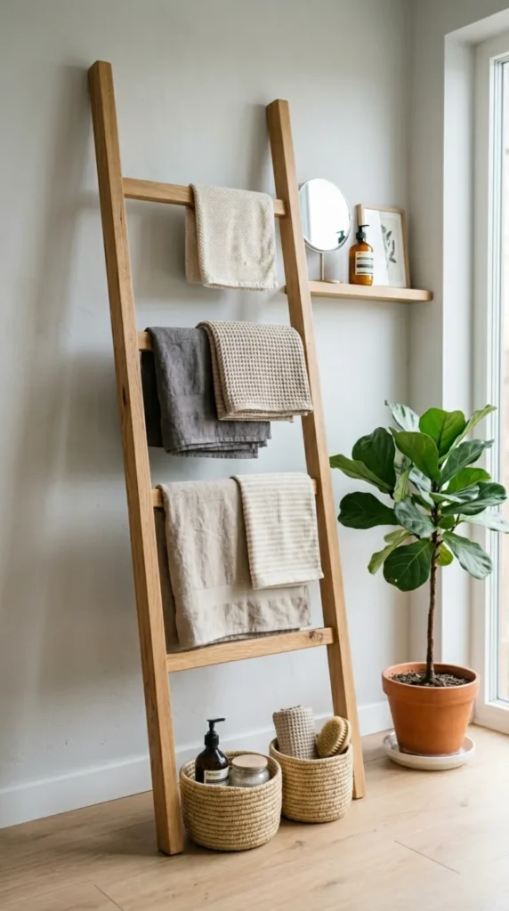 Wooden ladder towel rack in modern bathroom with towels and baskets