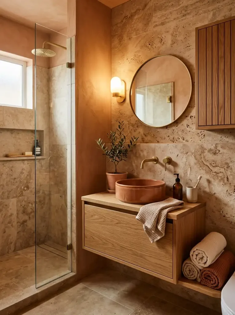 Small terracotta bathroom with vessel sink, stone accents, and wall-mounted storage
