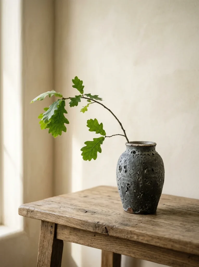 A single hand-thrown ceramic vase on wood, representing mindful slow living decor.