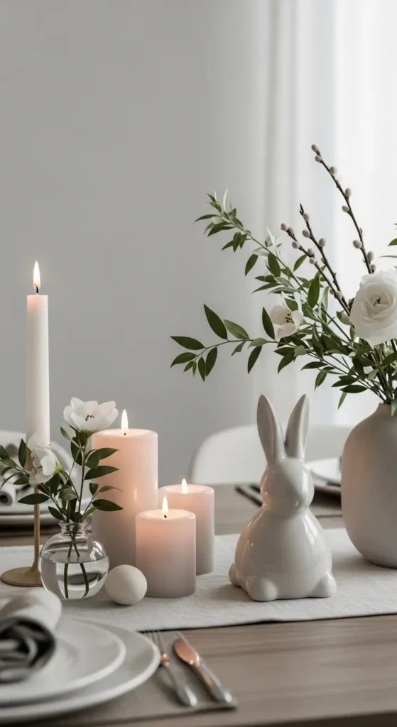 Minimal Easter Decor with Ceramic Bunny, Candles, and Greenery on the Tabletop