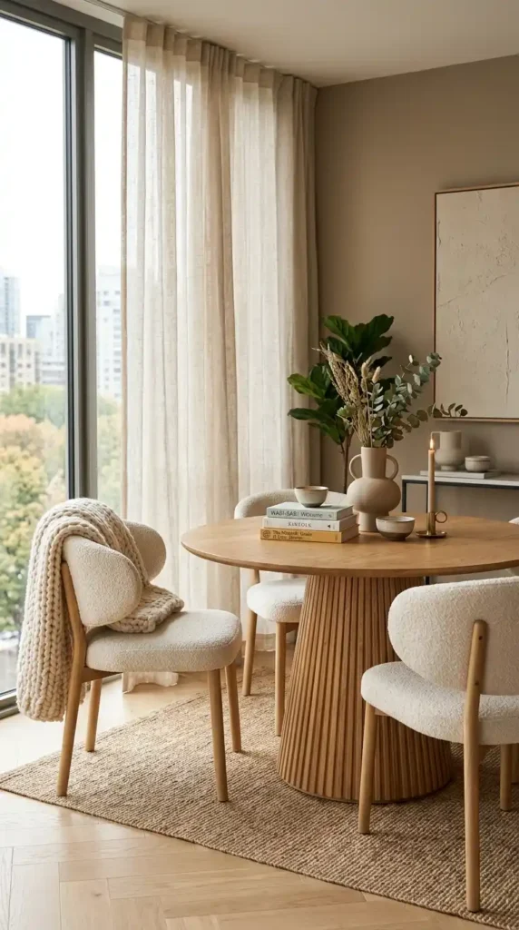 Elegant dining room featuring a circular wooden table with curved seats and soft lighting