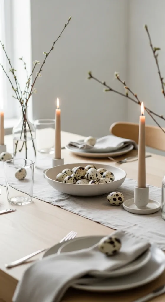 minimalist easter centerpiece with neutral eggs, linen runner, and candles