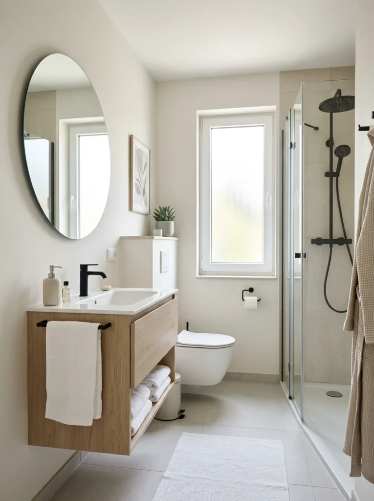 Minimalist elegant bathroom with light wood vanity and modern fixtures