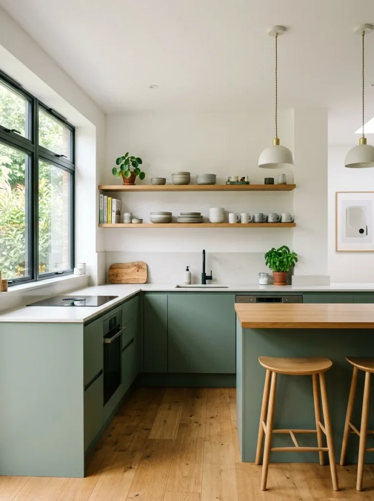 Minimalist green kitchen with open shelving – Green Kitchen Ideas