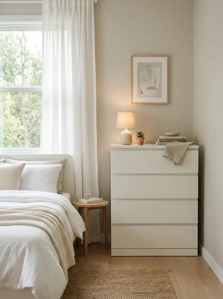 Minimal clean bedroom dresser in calm modern small bedroom interior