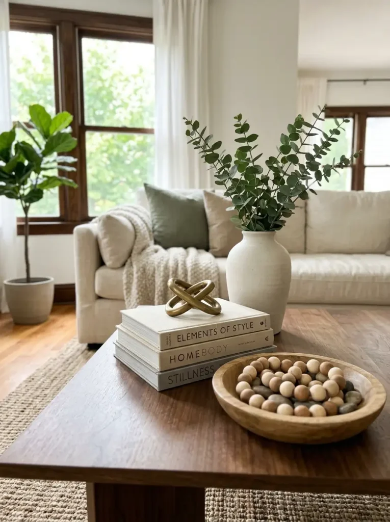 Modern coffee table with books, sculpture, eucalyptus, and wooden bowl