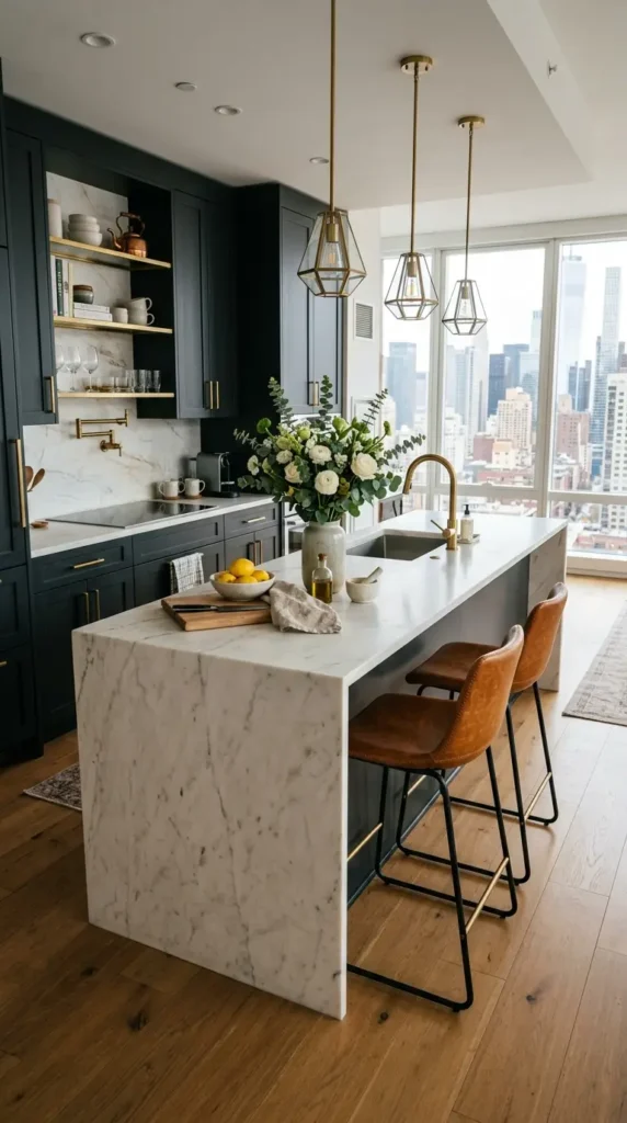 Dark cabinetry apartment kitchen with stone countertop, island, and city-view windows.
