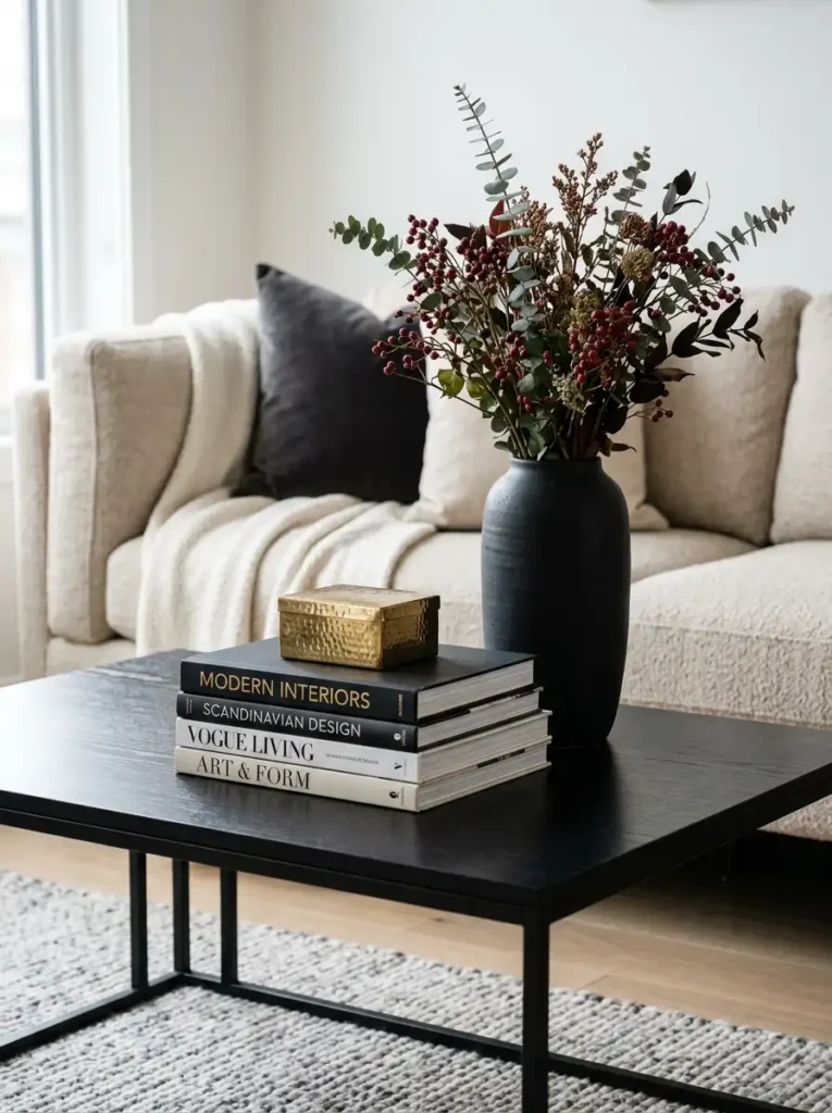 Modern coffee table with berry branches, books, and metallic decor