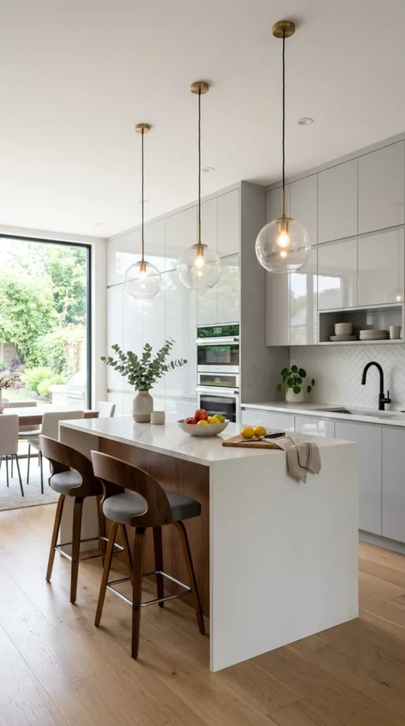 Modern kitchen with glossy cabinets and globe pendant lighting design