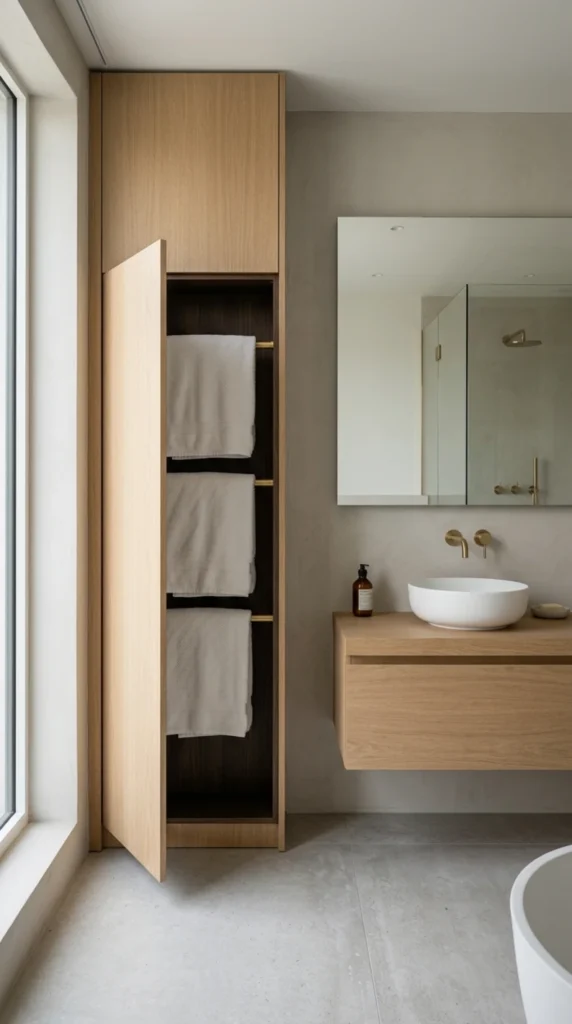 Hidden towel rails in modern minimalist bathroom design