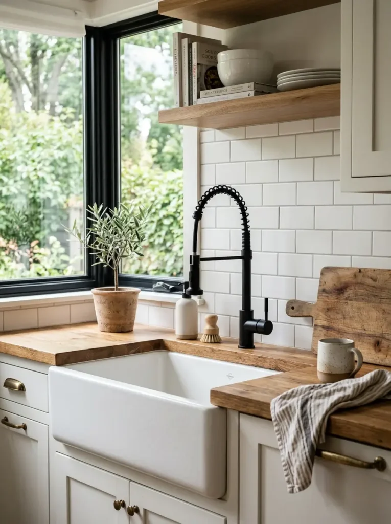 Modern farmhouse Kitchen Sink Ideas with industrial faucet