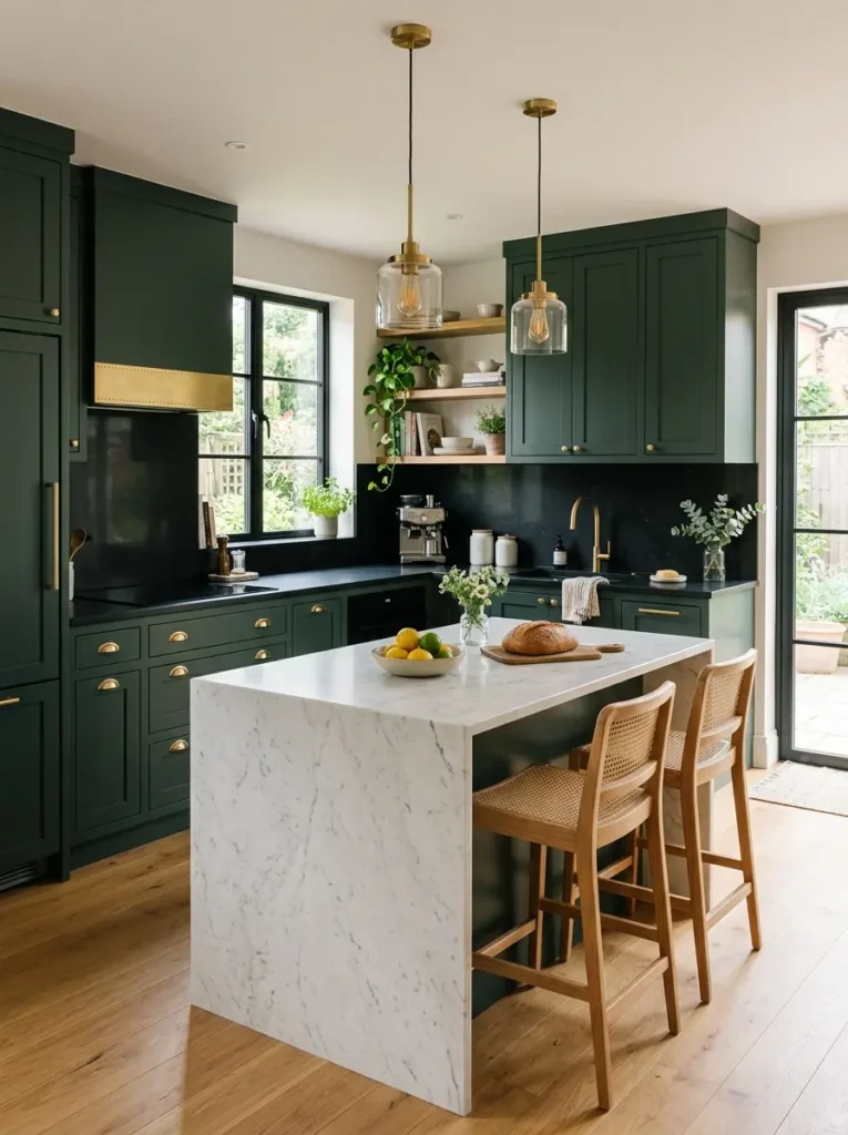 Modern forest green kitchen with marble island – Green Kitchen Ideas