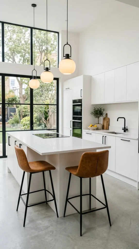 Minimalist white kitchen with leather stools and black metal accents