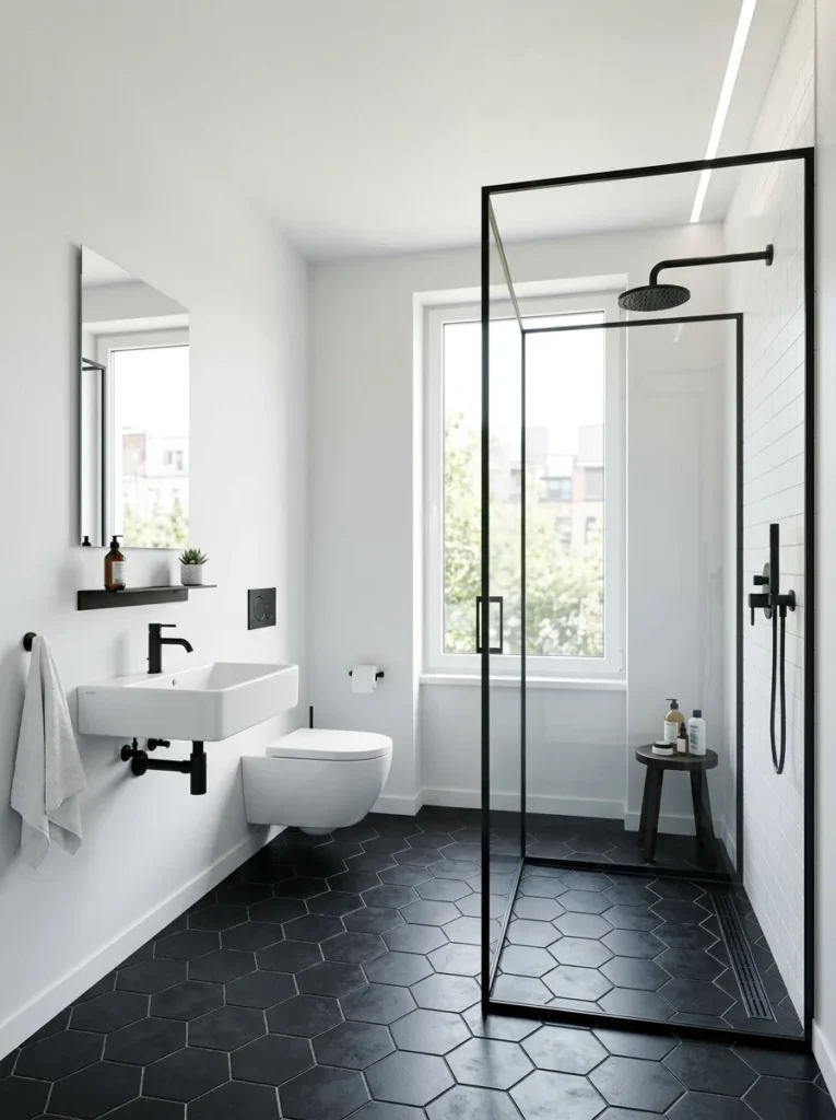 Minimalist bathroom with black hex tile floor, white walls, and walk-in glass shower