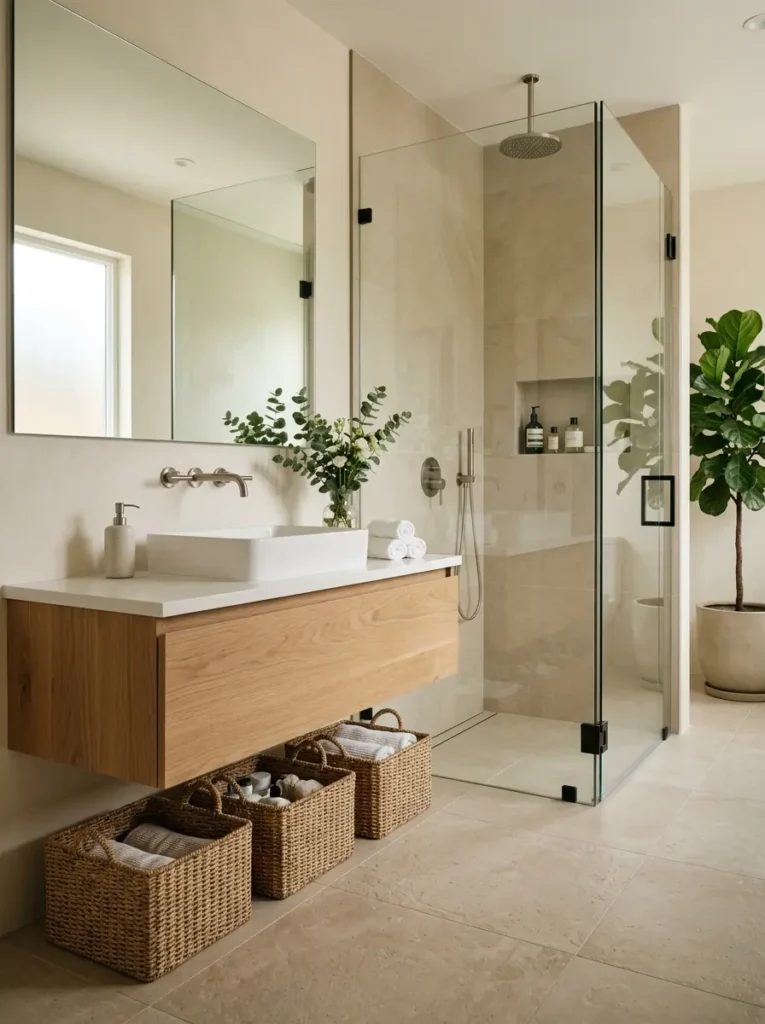 Spa Bathroom Ideas: minimalist bathroom with floating vanity and glass shower