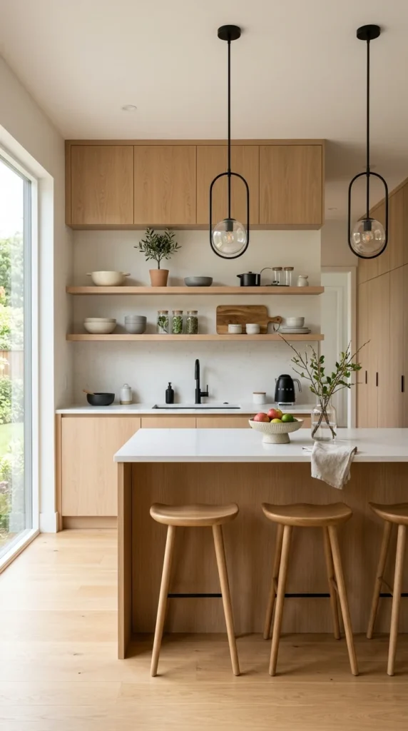 Minimalist kitchen with wood cabinets, black accents, island seating, and pendant lighting