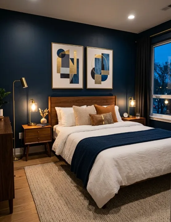 modern bedroom design with navy blue walls, white bedding, and wood accents