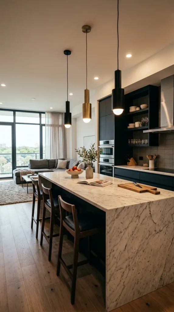 Modern kitchen island with pendant lights and elegant open-concept design