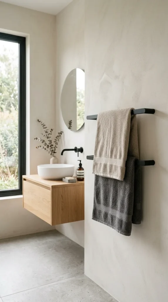 Modern floating towel rail in minimalist bathroom with clean design