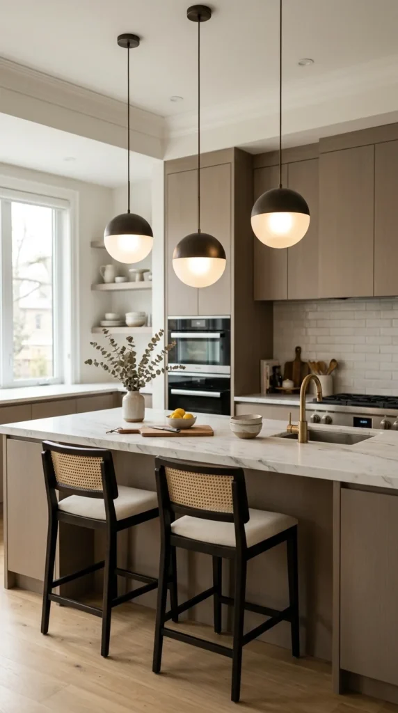 Modern kitchen island with elegant pendant lighting and warm ambient glow