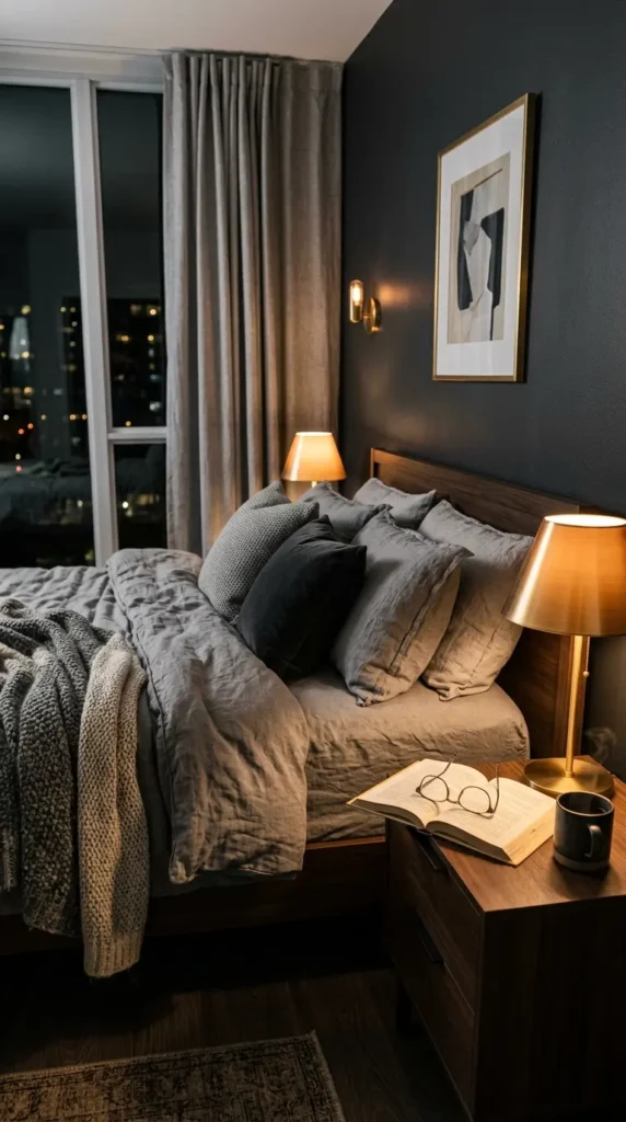 Dark chic bedroom with walls painted in charcoal color, gray bed linen, and warm lighting.