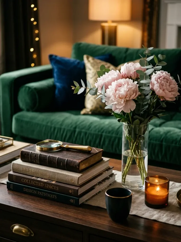 Moody coffee table with books, magnifying glass, and floral vase